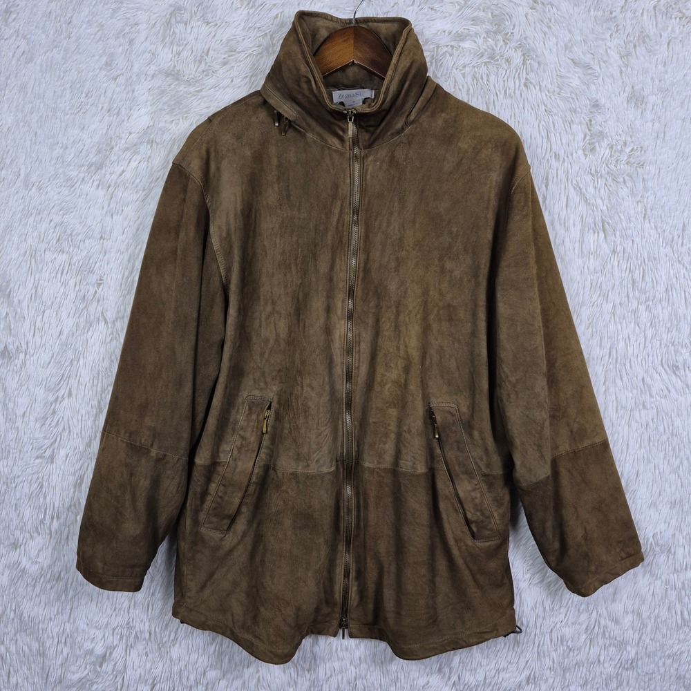Zegna Sport Mens Suede Leather Jacket Brown Full Zip Stowaway Hood Made in Italy